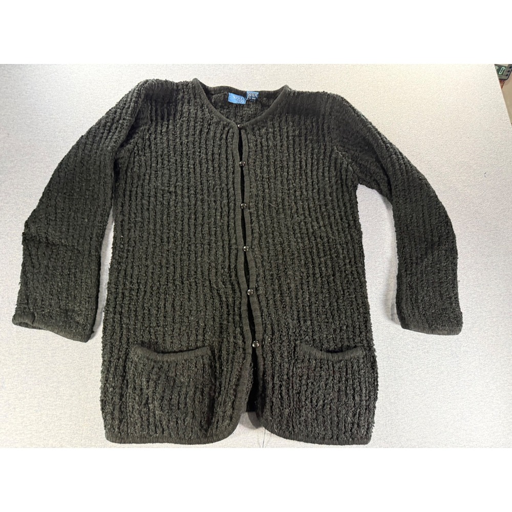 Vintage 80s Susan Ess Black Textured Knit Cardigan Sweater Size Small 16843